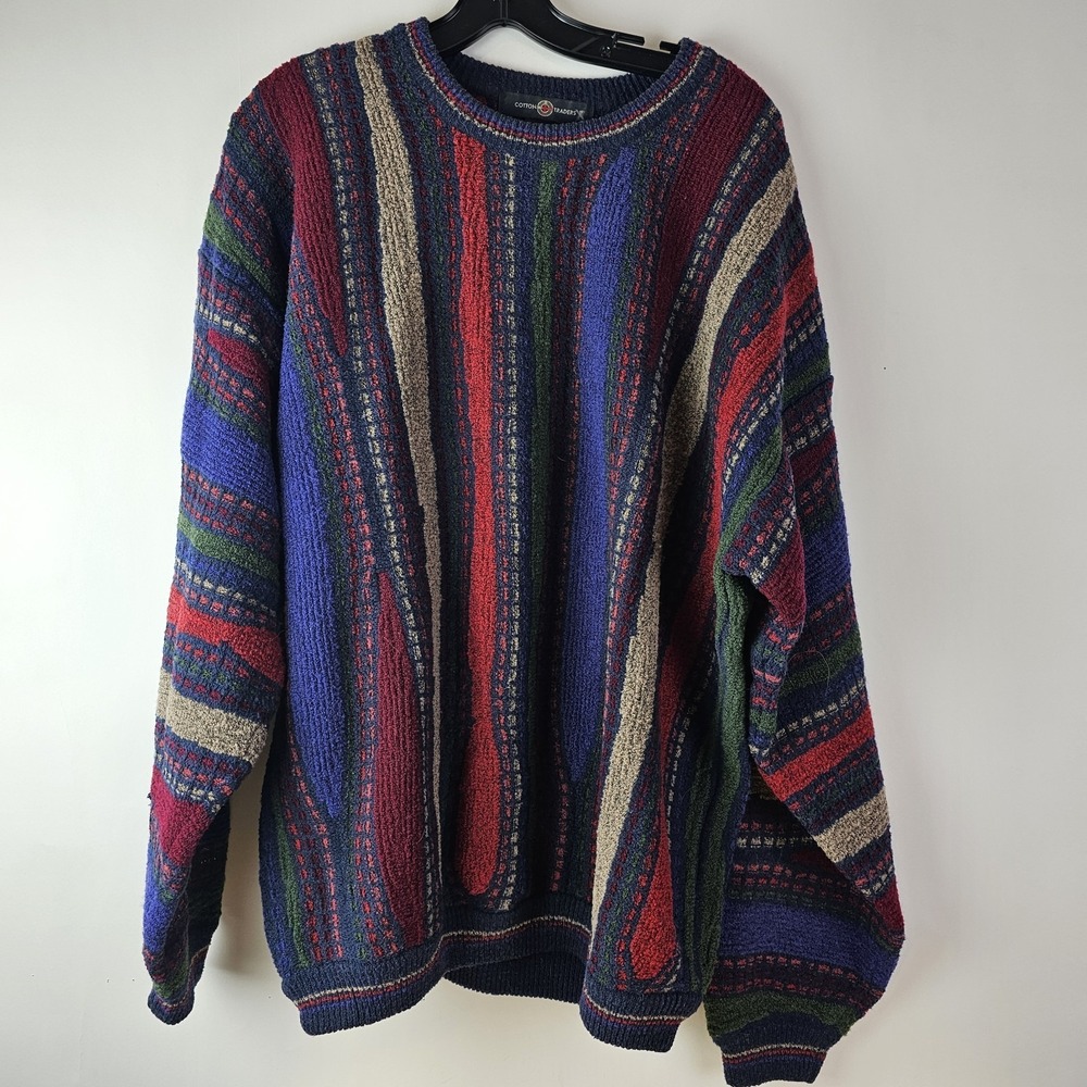 Vintage 90s Cotton Traders Mens XLT Knit Hip Hop Blue Red Coogi Style Sweater